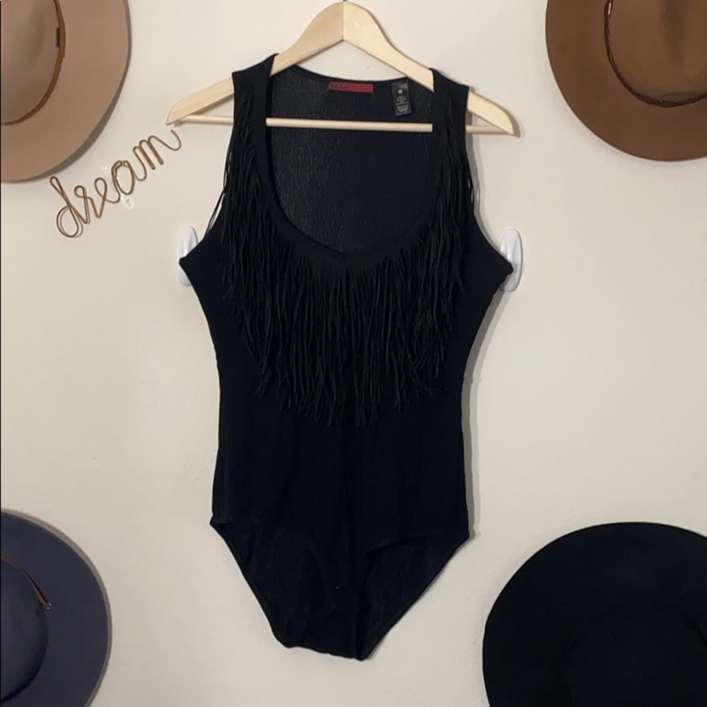 BKE black fringe body suit w button clasps
